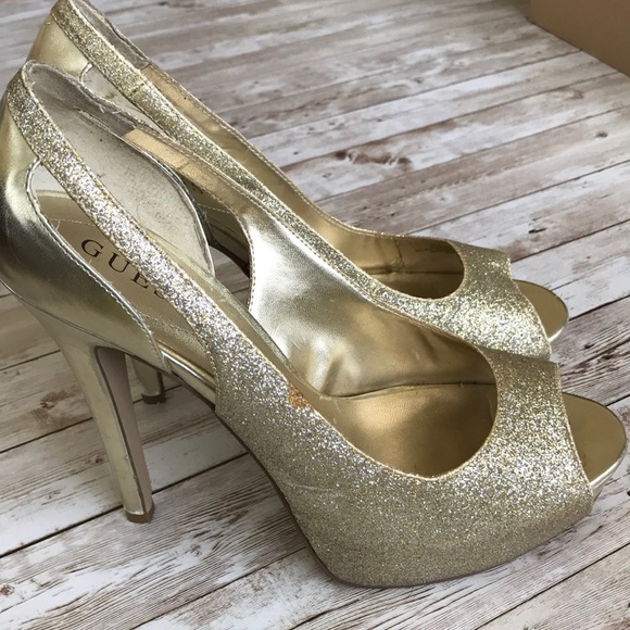 Guess Gold Glitter 5” Open Toe Heels in Size 10 - Picture 4 of 8